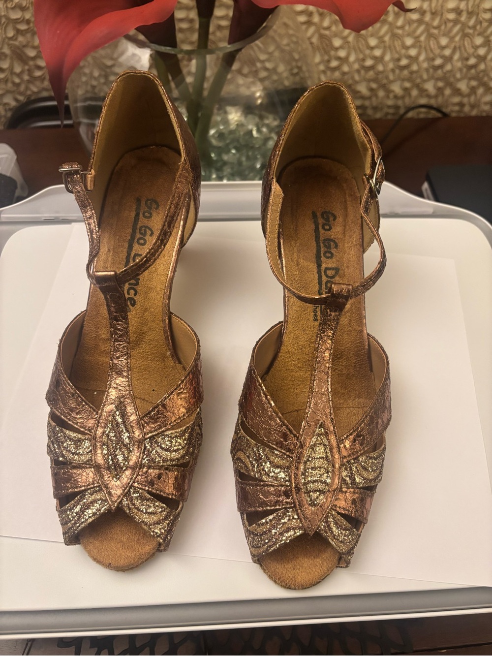 Metallic Copper T-Strap Heels